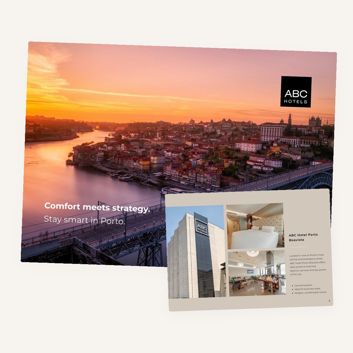 Capa e página interior da brochura comercial do ABC Hotels, com fotografia do Porto e interiores do hotel
