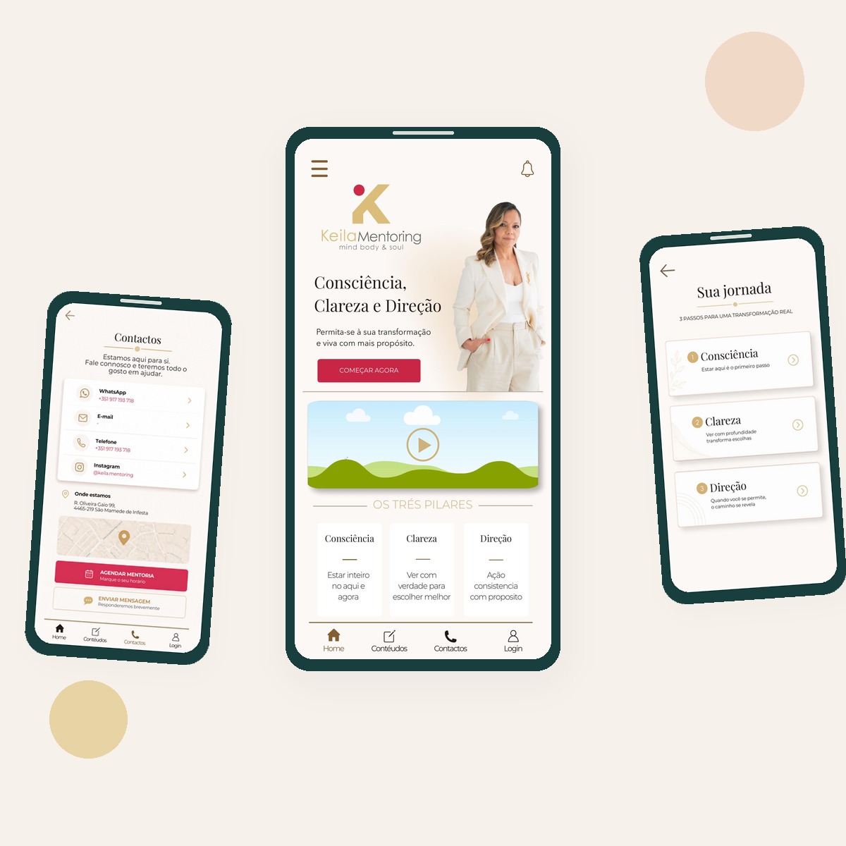 Três ecrãs reais do redesign da app Keila Mentoring apresentados em telemóveis